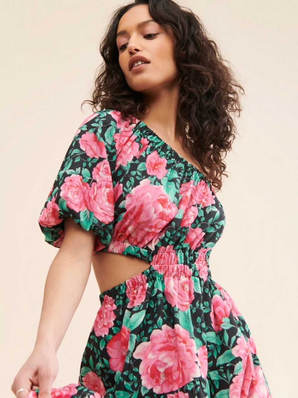 Moon River Floral Cutout Midi Dress in Black with Pink Roses
